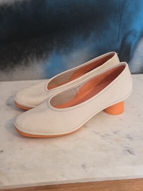 Camper Cream Pumps with Orange Low Block Heel